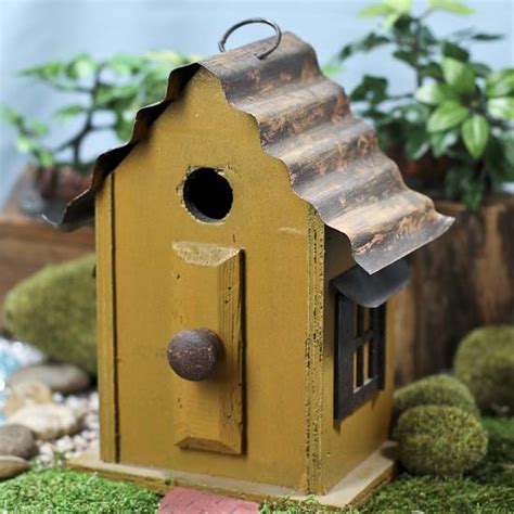 Mustard Corrugated Tin Roof Wood Birdhouse 